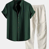 Short Sleeve Linen Stand Collar Shirt & Straight Leg Linen Pants Set