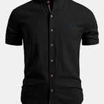 Short Sleeve Linen Stand Collar Shirt & Crinkle Textured Pants Set