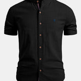Short Sleeve Linen Stand Collar Shirt & Crinkle Textured Pants Set