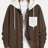 Long Sleeved Waffle Corduroy Contrast Hooded Shirt