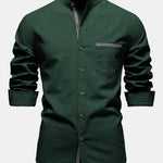 Contrast Trim Linen Stand Collar Shirt