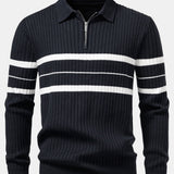 Stripe Zip Knit Ribbed Polo Shirt & Slim Fit Tapered Trousers Set