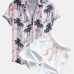 Palm Tree Flamingo Print Shirt & Swim Shorts Set