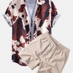 Cow Print Shirt & Crinkle Textured Drawstring 5" Shorts Set