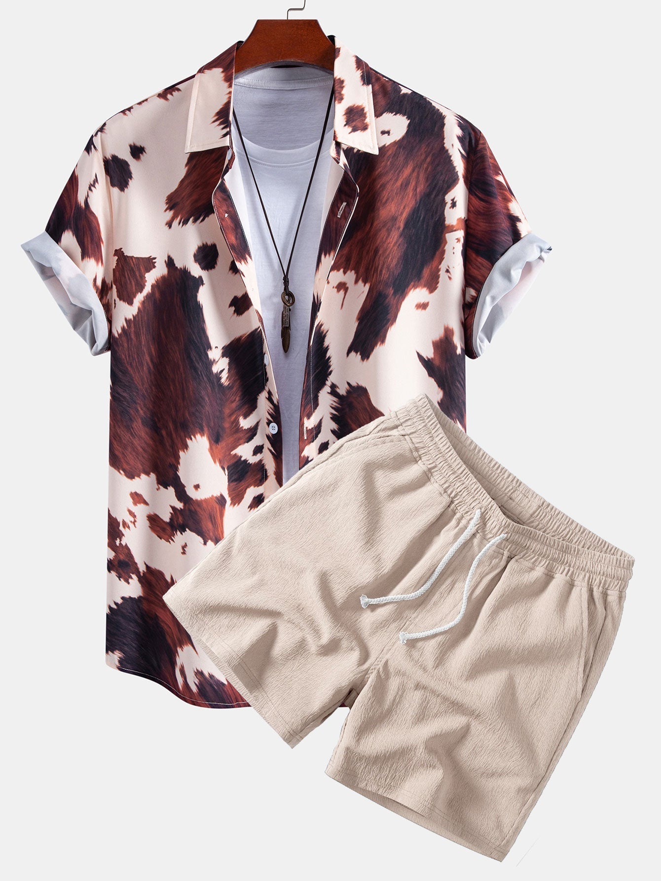 Cow Print Shirt & Crinkle Textured Drawstring 5" Shorts Set