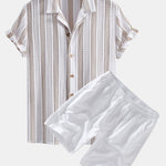 Striped Mesh Cuban Shirt & Linen Drawstring Shorts Set