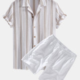 Striped Mesh Cuban Shirt & Linen Drawstring Shorts Set