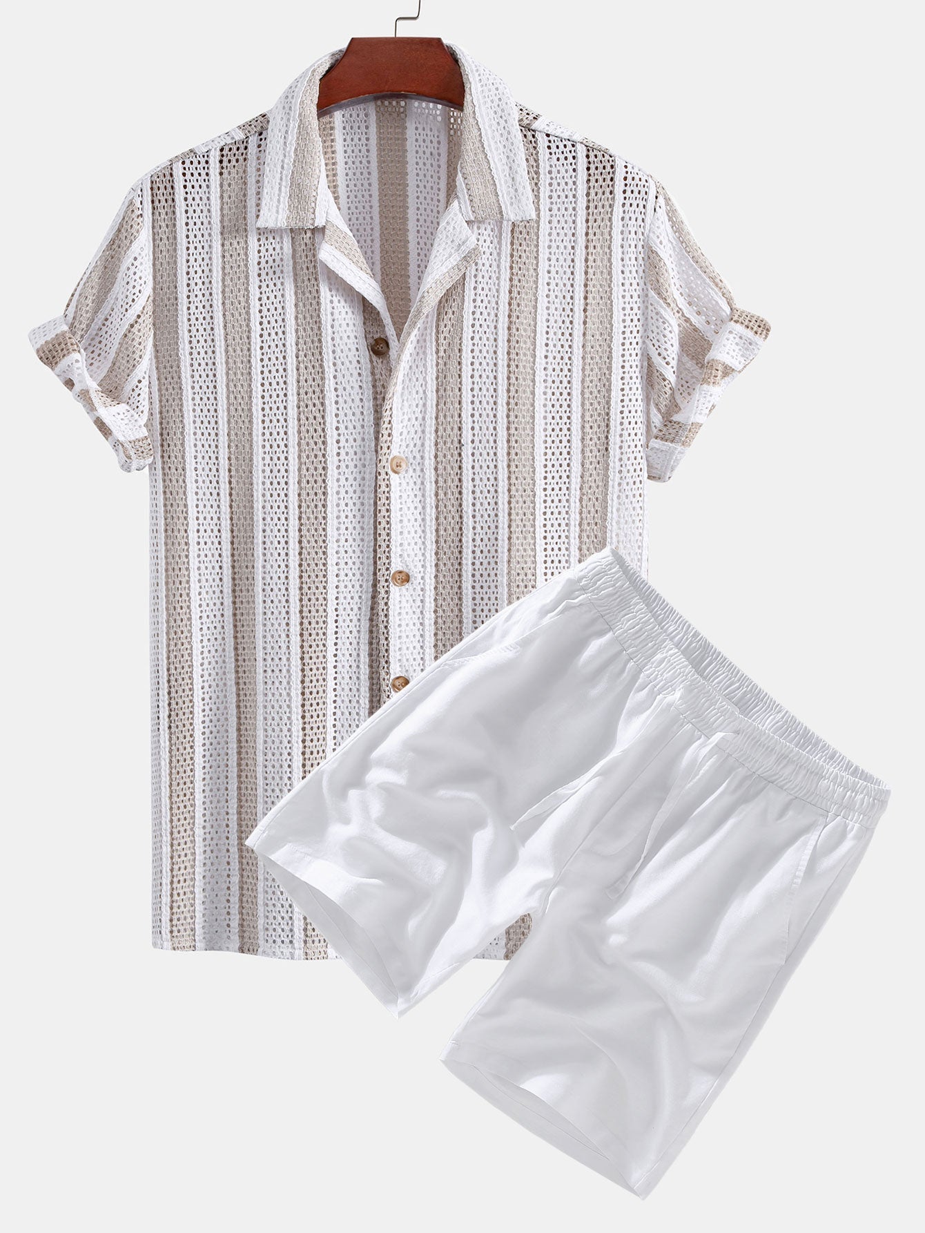 Striped Mesh Cuban Shirt & Linen Drawstring Shorts Set