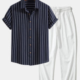 Cotton Blend Striped Shirt & Crinkle Textured Straight Leg Pants Set