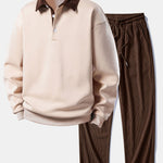 Contrast Corduroy Polo Collar Sweatshirt & Corduroy Pants Set