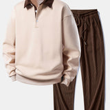 Contrast Corduroy Polo Collar Sweatshirt & Corduroy Pants Set