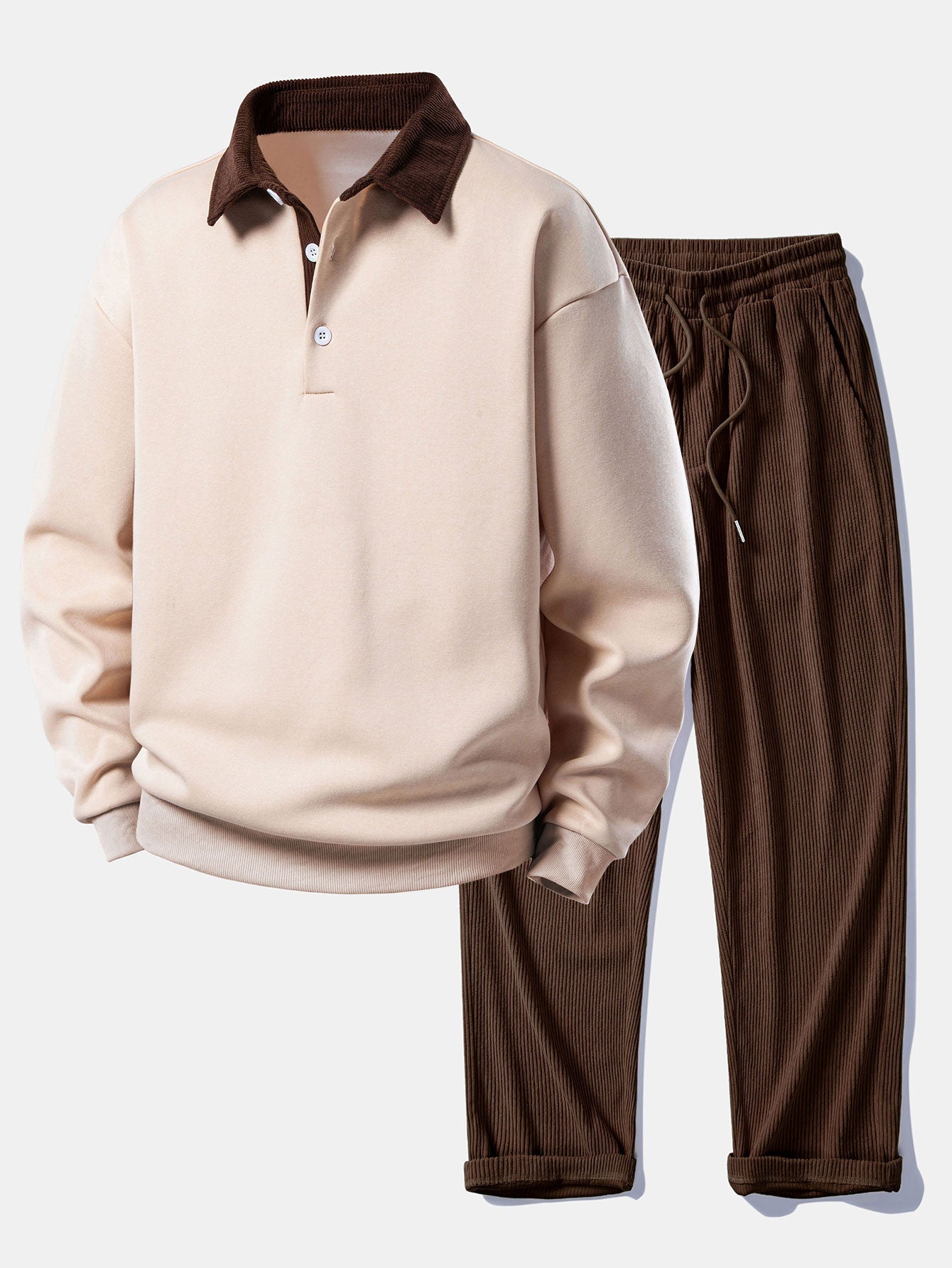 Contrast Corduroy Polo Collar Sweatshirt & Corduroy Pants Set