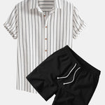 Cotton Blend Striped Shirt & Crinkle Textured Drawstring 5" Shorts Set