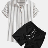Cotton Blend Striped Shirt & Crinkle Textured Drawstring 5" Shorts Set