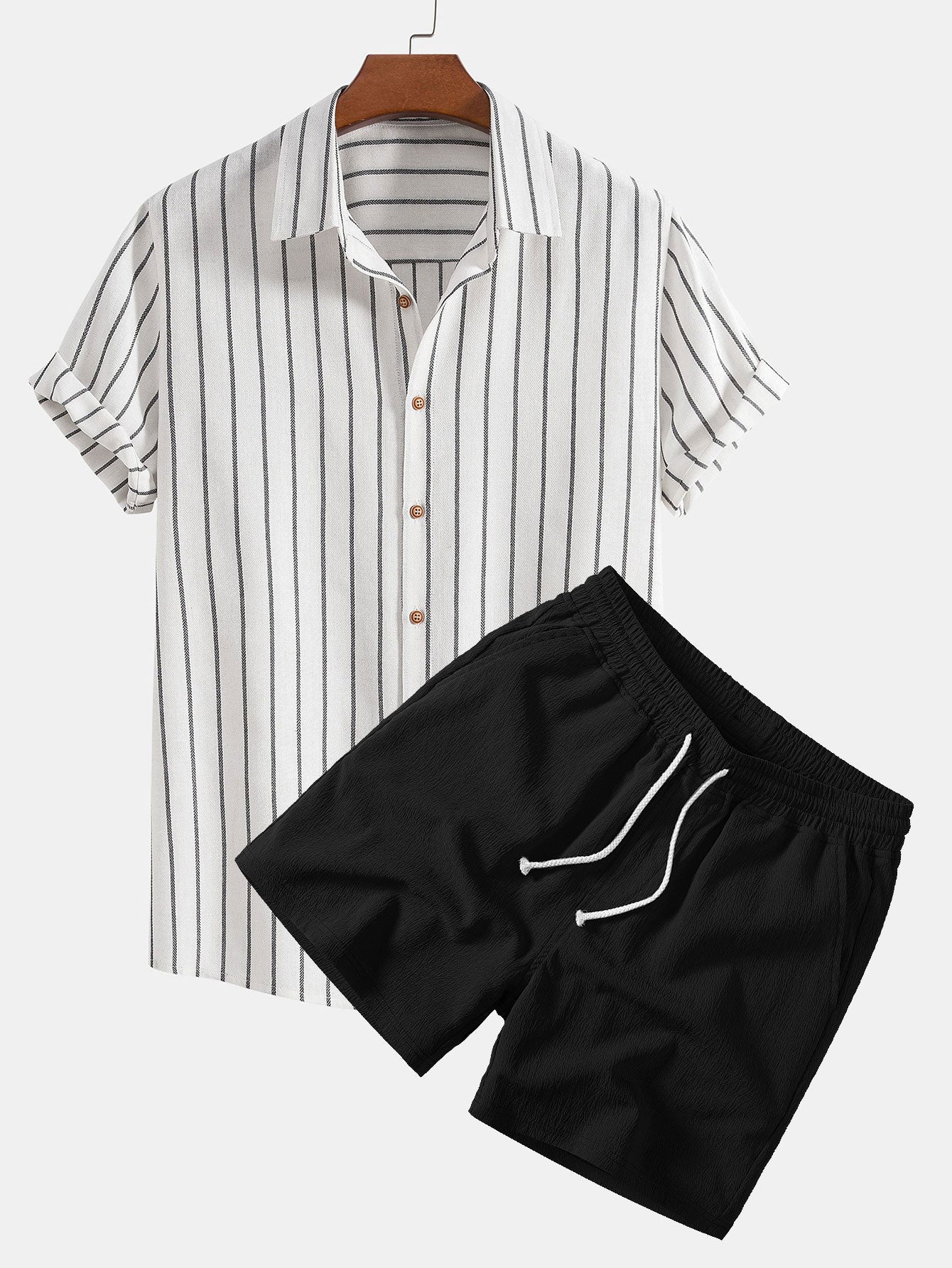 Cotton Blend Striped Shirt & Crinkle Textured Drawstring 5" Shorts Set