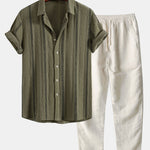 Geometric Striped Jacquard Shirt & Straight Leg Linen Pants Set