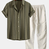 Geometric Striped Jacquard Shirt & Straight Leg Linen Pants Set