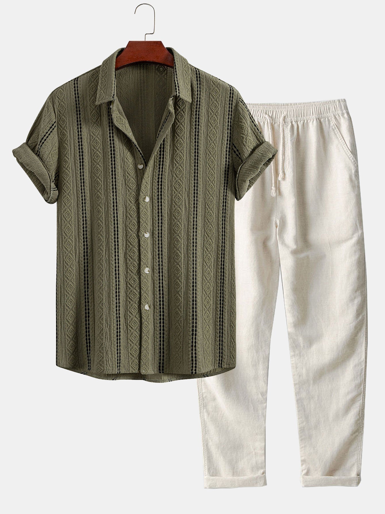 Geometric Striped Jacquard Shirt & Straight Leg Linen Pants Set