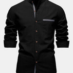 Contrast Trim Linen Stand Collar Shirt