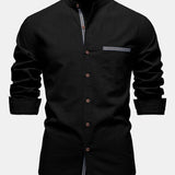 Contrast Trim Linen Stand Collar Shirt