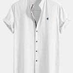 Short Sleeve Linen Stand Collar Shirt & Striped Print Swim Shorts Set