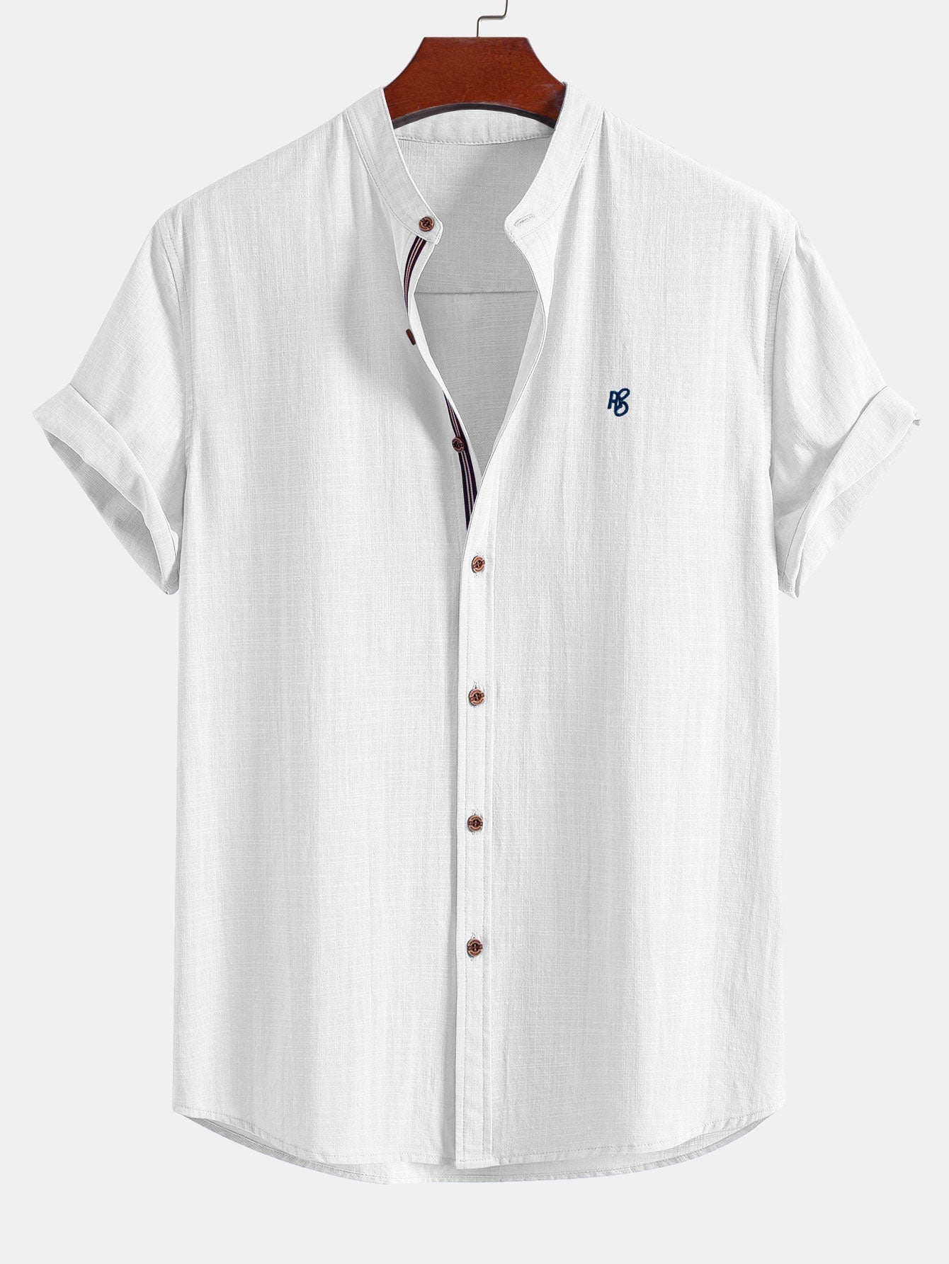 Short Sleeve Linen Stand Collar Shirt & Linen Stripe Pants Set