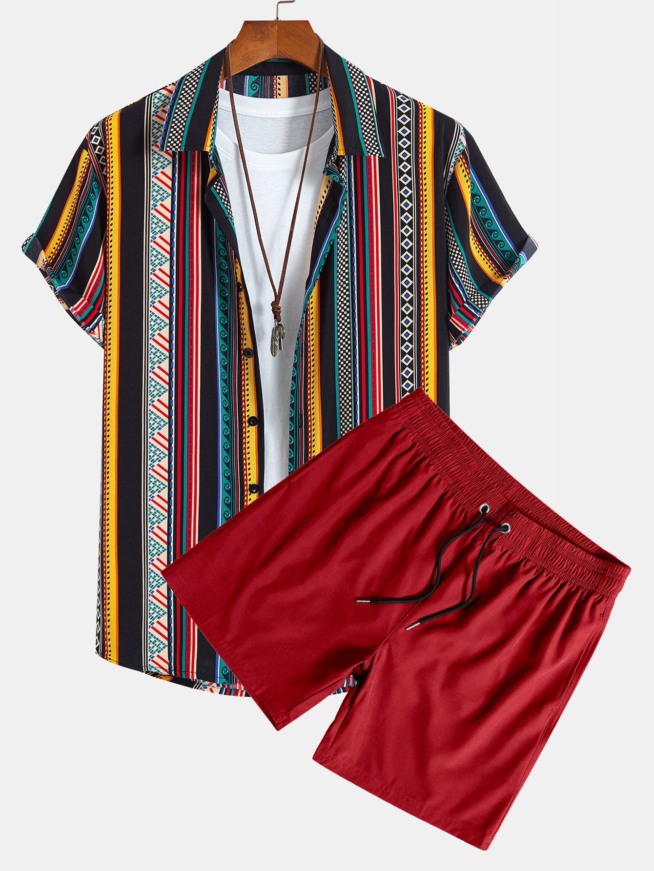 Ethnic Geometric Print Shirt & Swim Shorts Set