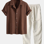 Houndstooth Jacquard Cuban Shirt & Straight Leg Linen Pants Set