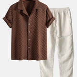 Houndstooth Jacquard Cuban Shirt & Straight Leg Linen Pants Set