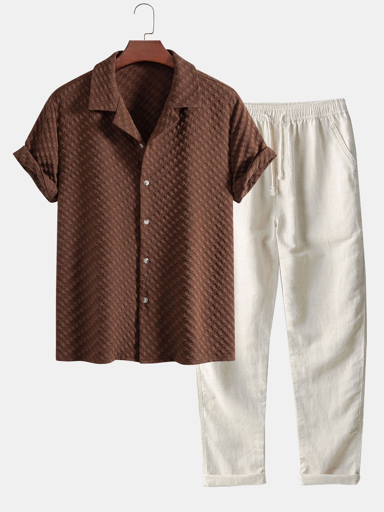 Houndstooth Jacquard Cuban Shirt & Straight Leg Linen Pants Set