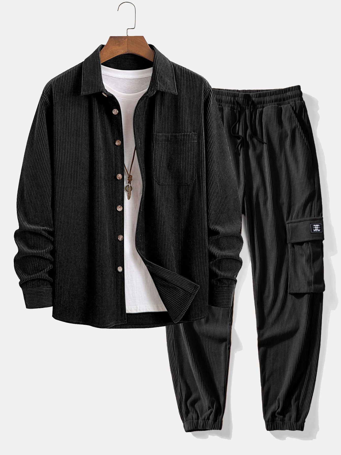 Corduroy Shirt & Drawstring Corduroy Cargo Jogger Pants Set