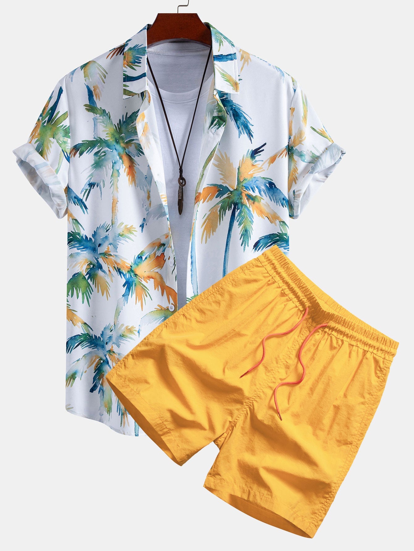 Watercolor Palm Tree Print Shirt & Swim Shorts Set
