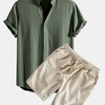 V Neck Linen Rayon Blend Shirt & Linen Cotton Blend Drawstring Shorts Set