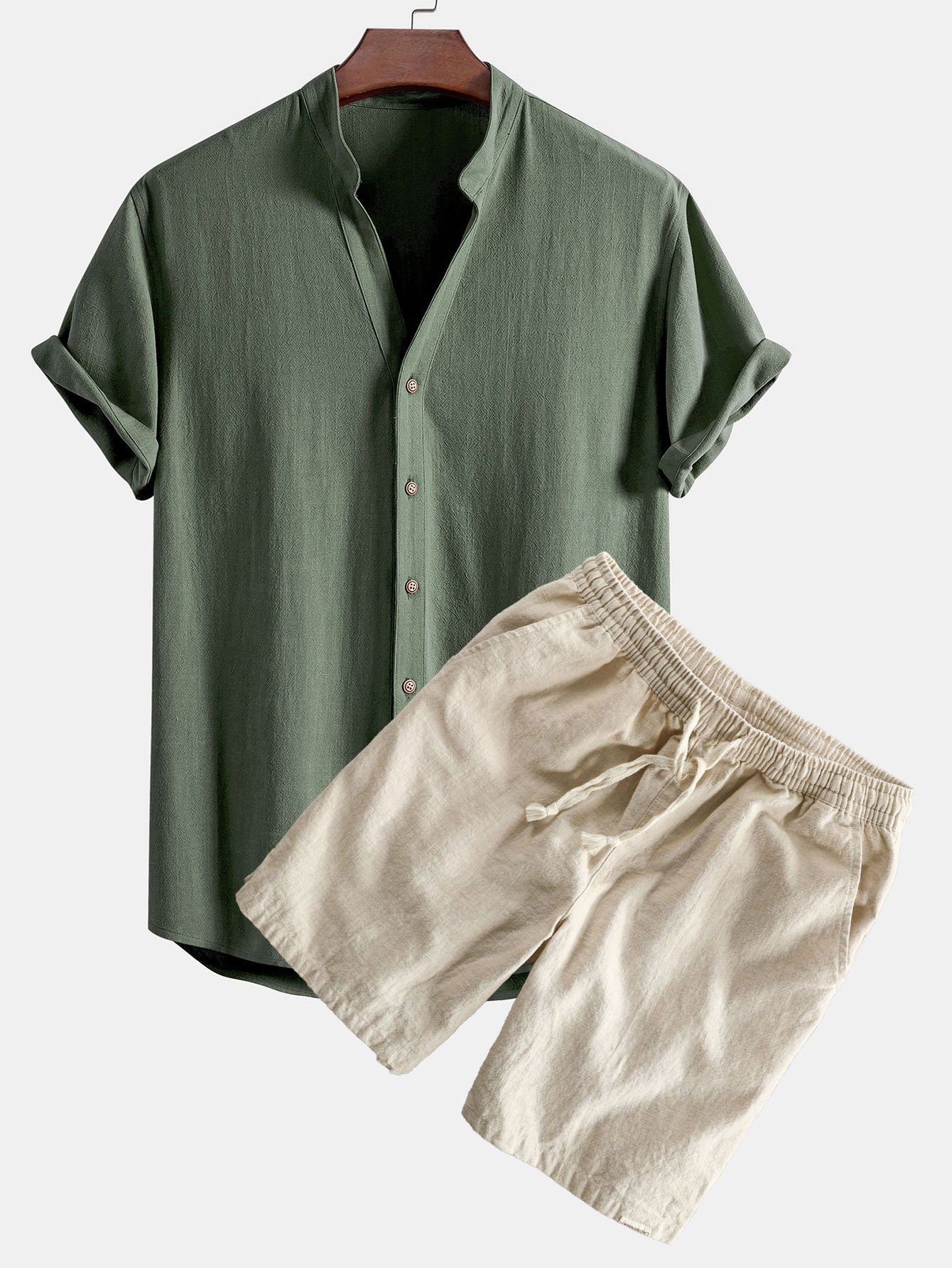 V Neck Linen Rayon Blend Shirt & Linen Cotton Blend Drawstring Shorts Set