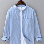 Long Sleeve Linen Cotton Stand Collar Shirt with Pocket