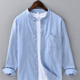Long Sleeve Linen Cotton Stand Collar Shirt with Pocket