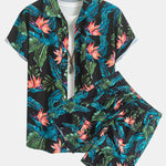Tropical Plants Print Shirt & Drawstring Swim Shorts Set