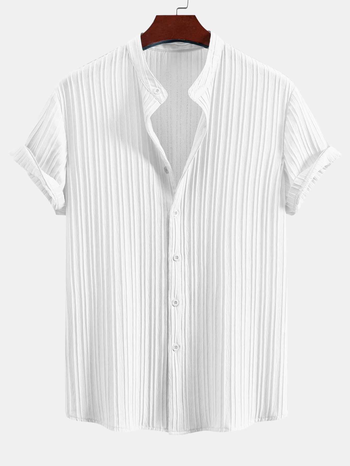 Textured Stand Collar Shirt & Stripe Print Swim Shorts Set