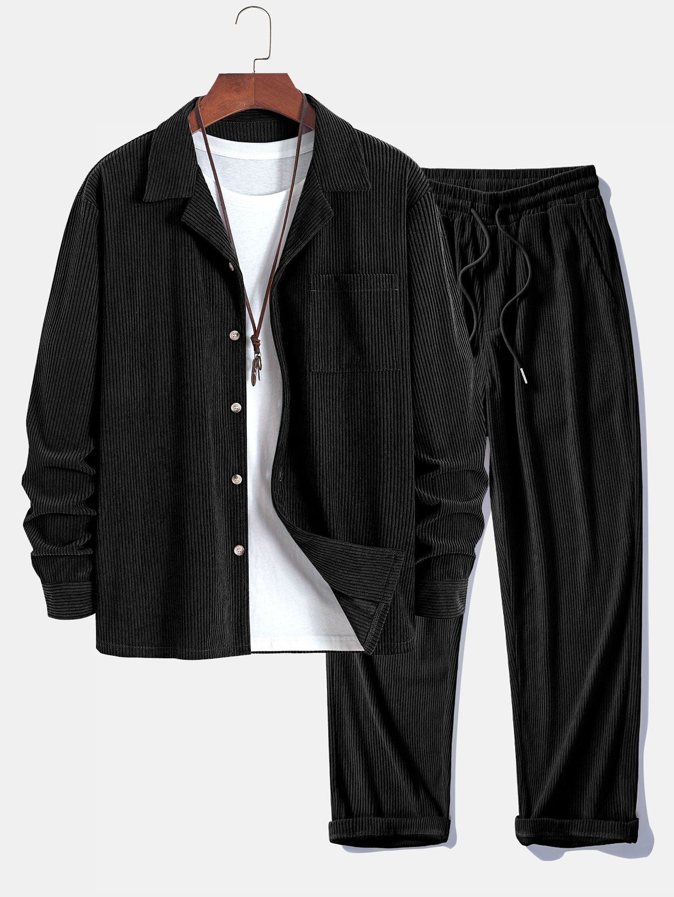 Long Sleeve Corduroy Cuban Collar Shirt & Corduroy Pants Set