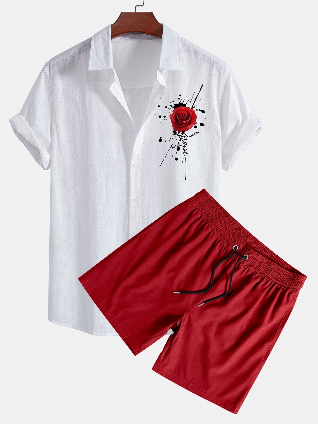 Splash Rose Print Linen Cotton Shirt & Swim Shorts Set