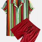 Colorful Striped Waffle Texture Cuban Shirt & Swim Shorts Set