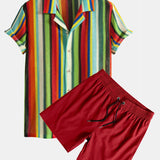 Colorful Striped Waffle Texture Cuban Shirt & Swim Shorts Set