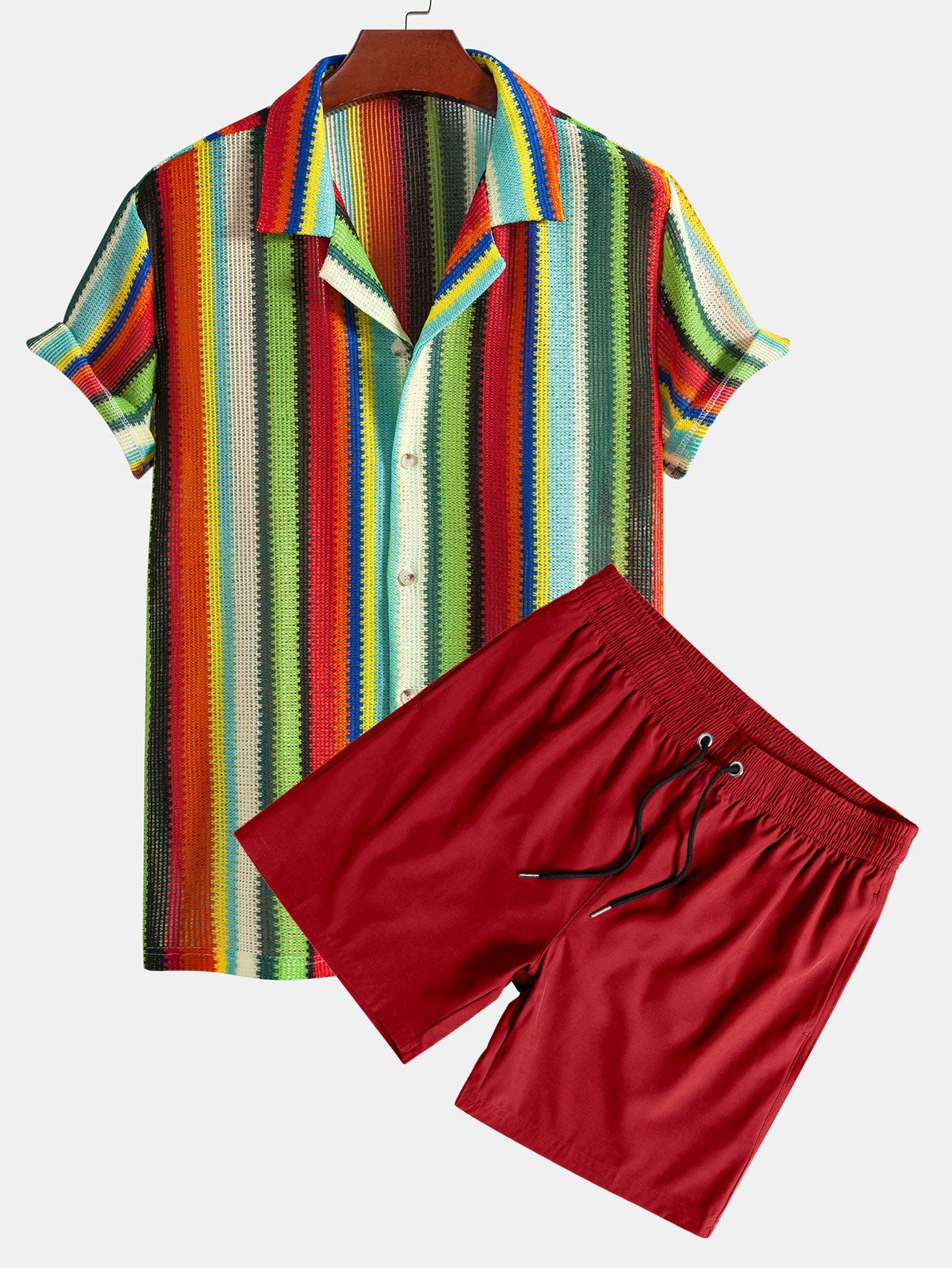 Colorful Striped Waffle Texture Cuban Shirt & Swim Shorts Set
