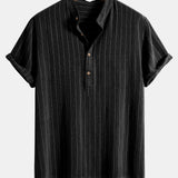 Linen Blend Striped Henley Collar Shirt & Linen Cotton Blend 11" Shorts Set