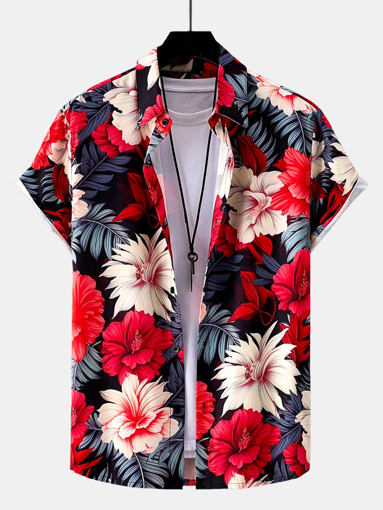 Tropical Flowers Print Shirt & Solid Drawstring Swim Shorts Set