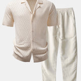 Zig Zag Open Knit Shirt & Straight Leg Linen Pants Set