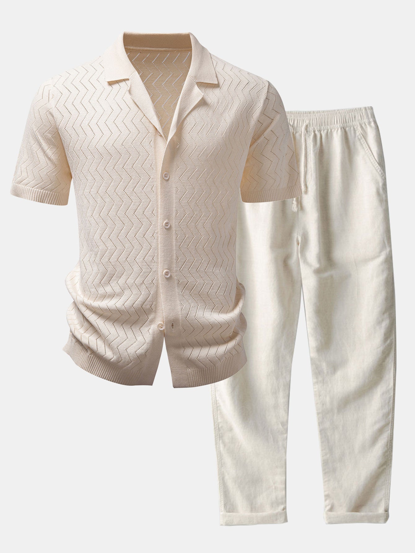 Zig Zag Open Knit Shirt & Straight Leg Linen Pants Set