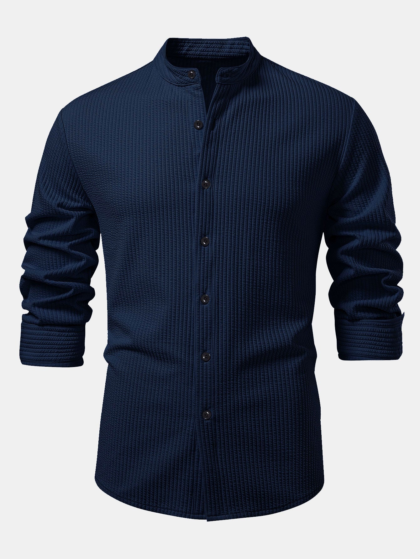 Long Sleeve Muscle Fit Ribbed Stand Collar Shirt