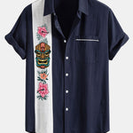 Tiki Tribe Hawaii Print Linen Contrast Button Up Shirt