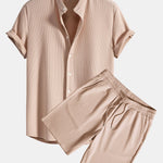 Muscle Fit Ribbed Stand Collar Shirt & Shorts Set